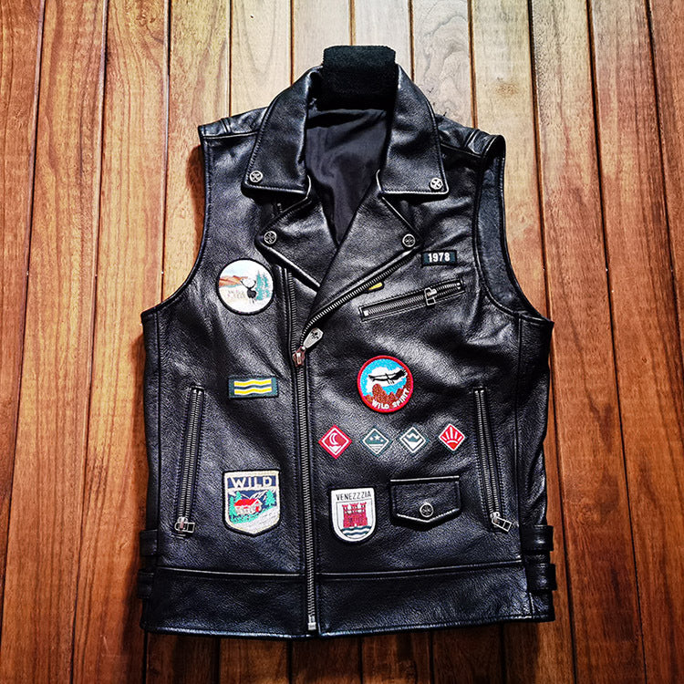 Harley vest embroidered lapel cowhide vest-A26