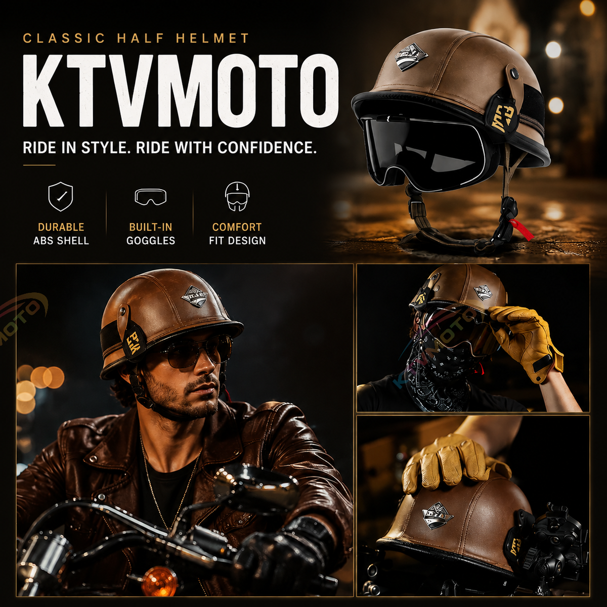 Retro leather cruiser motorcycle half helmet-I15