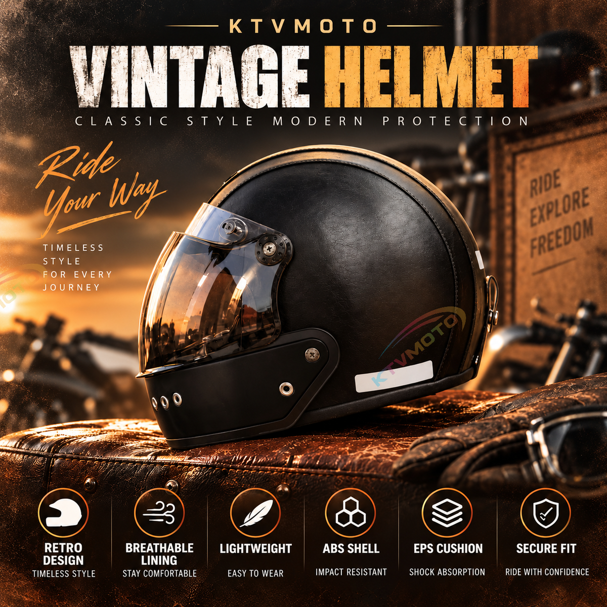 Retro-style leather-finish multi-functional modular motorcycle helmet-I284