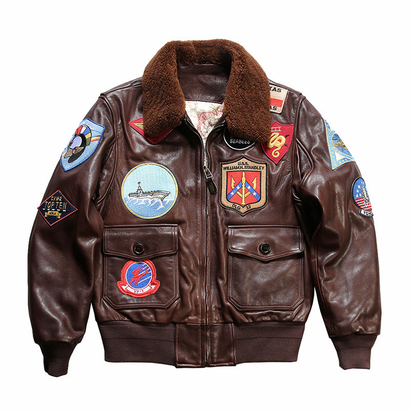 TOP-FUN Leather Bomber Jacket-A10