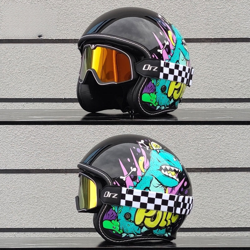 KTVMOTO Retro-style open-face motorcycle helmet with built-in visor-I22