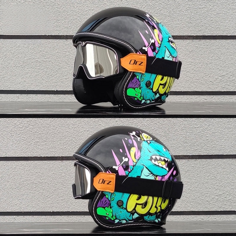 KTVMOTO Retro-style open-face motorcycle helmet with built-in visor-I22