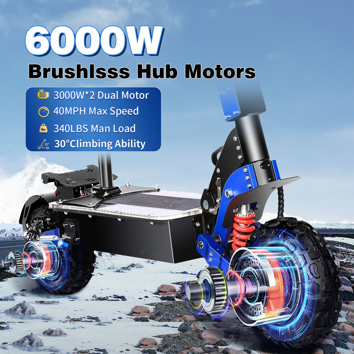 Electric Scooter, 40 mph top speed, 60 mile range, 60V 35AH 6000W Dual Drive, with 11" Off-road Tires
