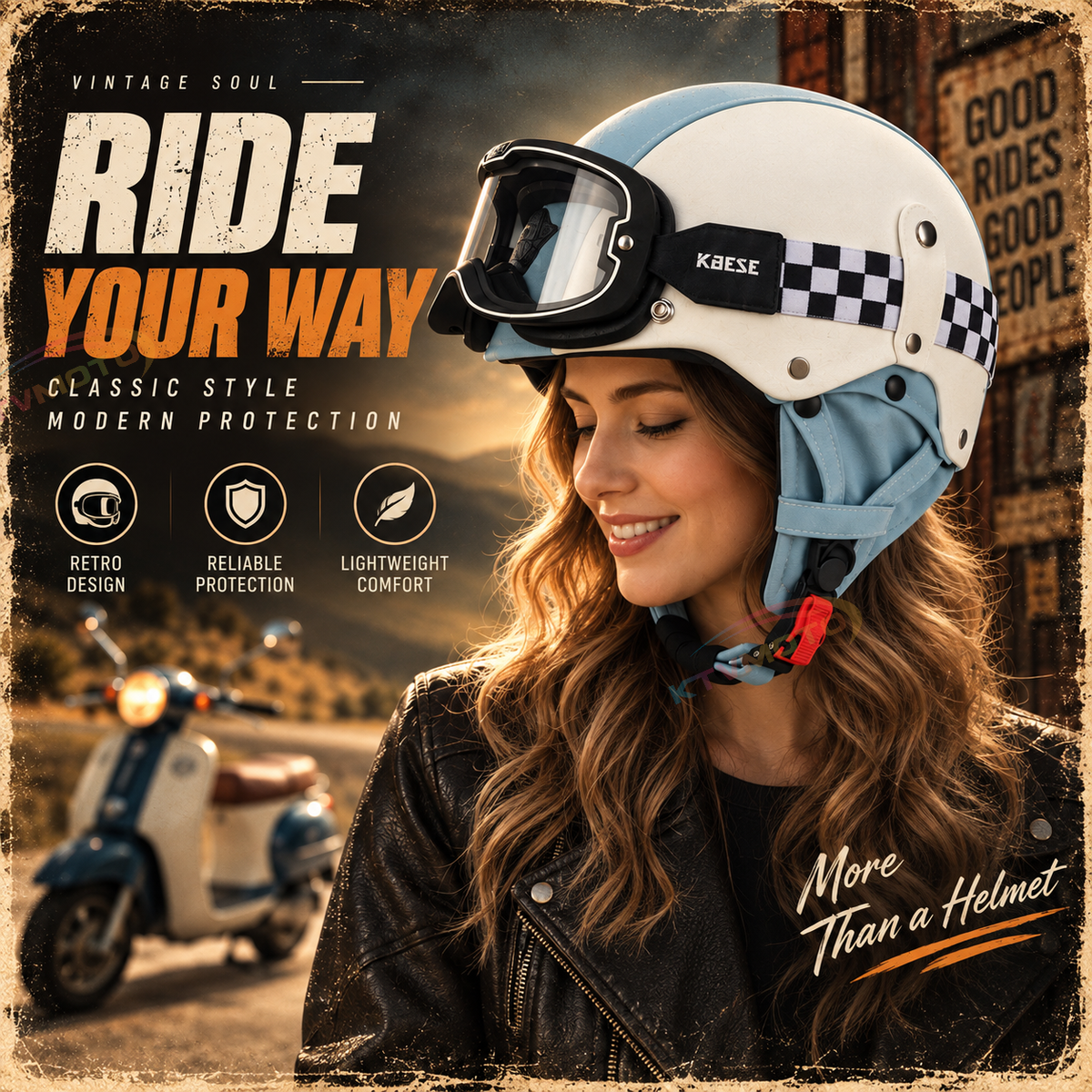 Retro open-face motorcycle helmet with goggles-I103