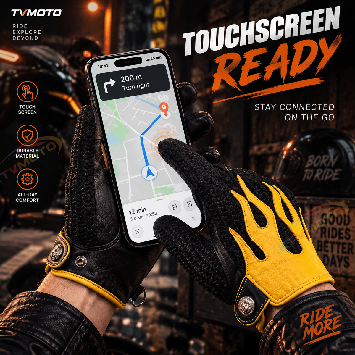 KTVMOTO Retro Flame Motorcycle Touchscreen Gloves-G68