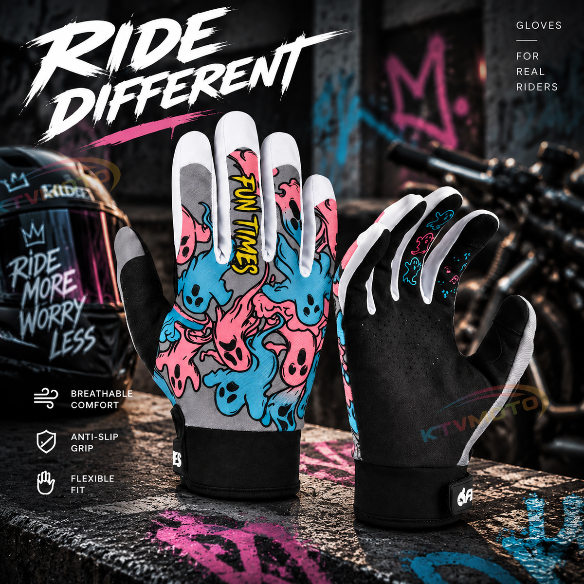 KTVMOTO Ghost Graffiti Motorcycle Gloves Full Finger Touchscreen Outdoor - G100