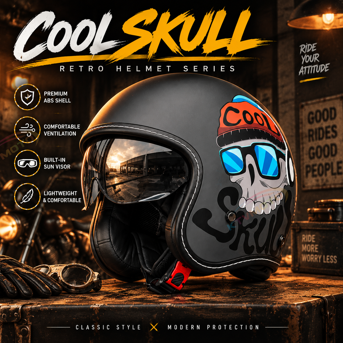 KTVMOTO Retro-style open-face motorcycle helmet with built-in visor-I22