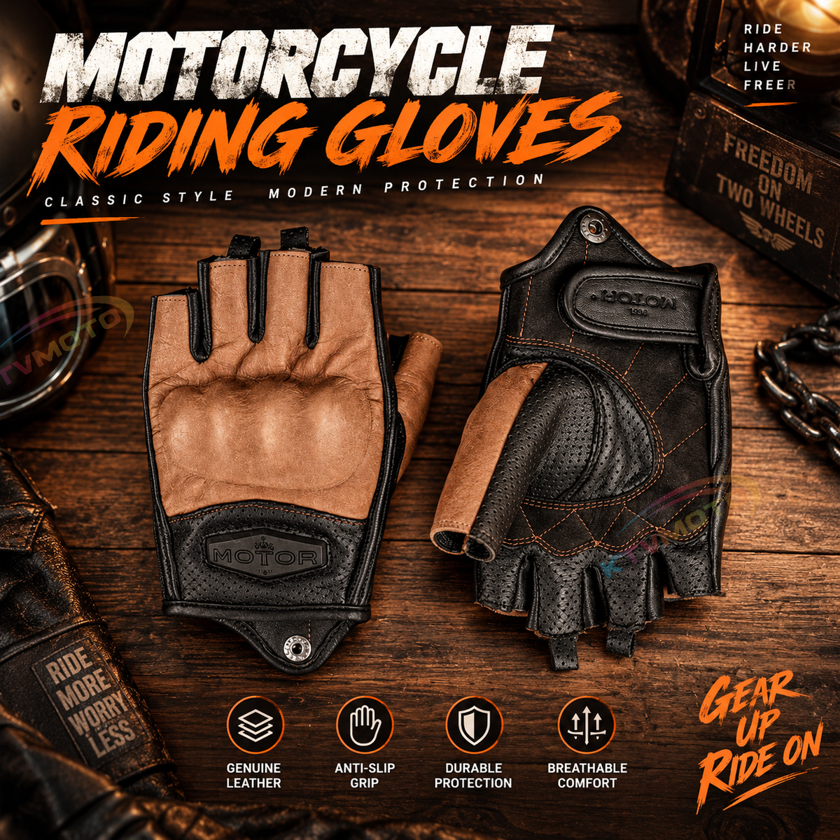 KTVMOTO Retro genuine leather half-finger motorcycle gloves-G39