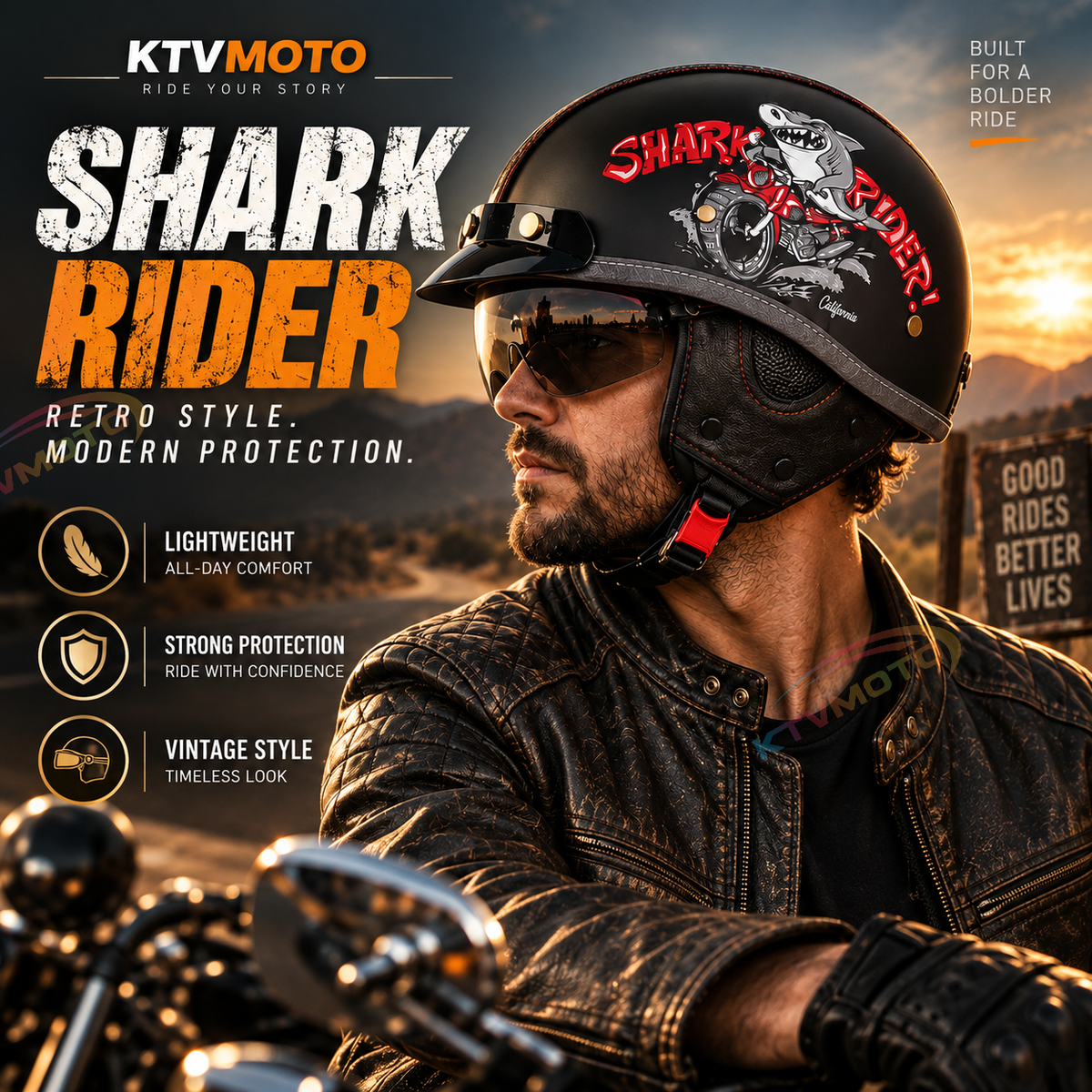 KTVMOTO Retro Half Helmet with Visor for Motorcycle Riders-I50