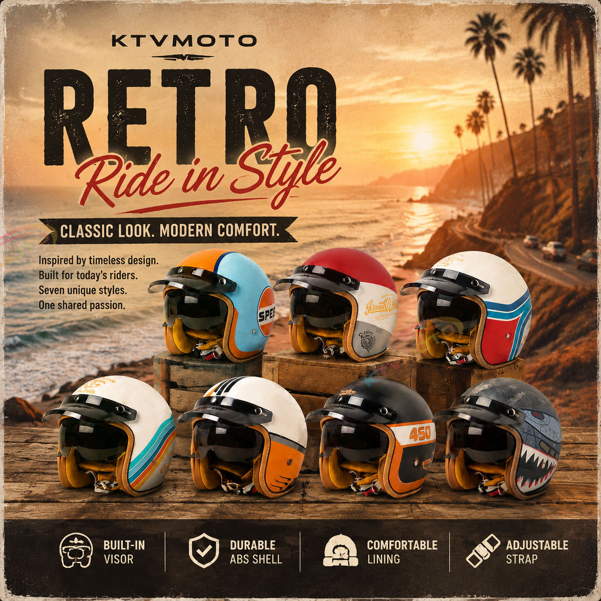 Retro open-face motorcycle helmet with sun visor-I32