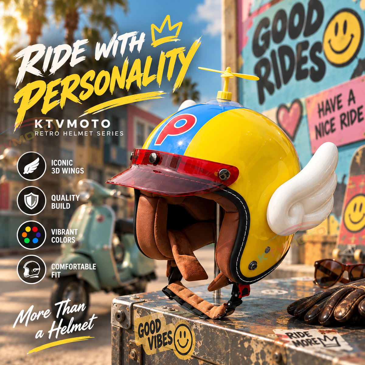 KTVMOTO Bowknot Wing Retro Open Face Motorcycle Helmet-I33