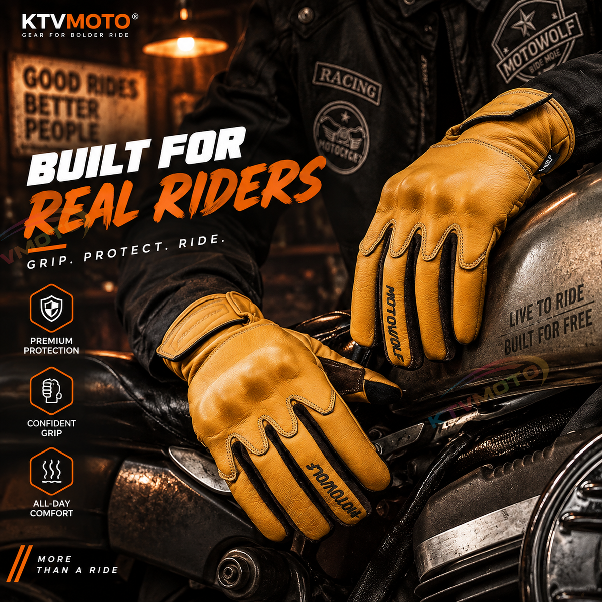 KTVMOTO Men's Genuine Leather Retro Motorcycle Gloves - G33