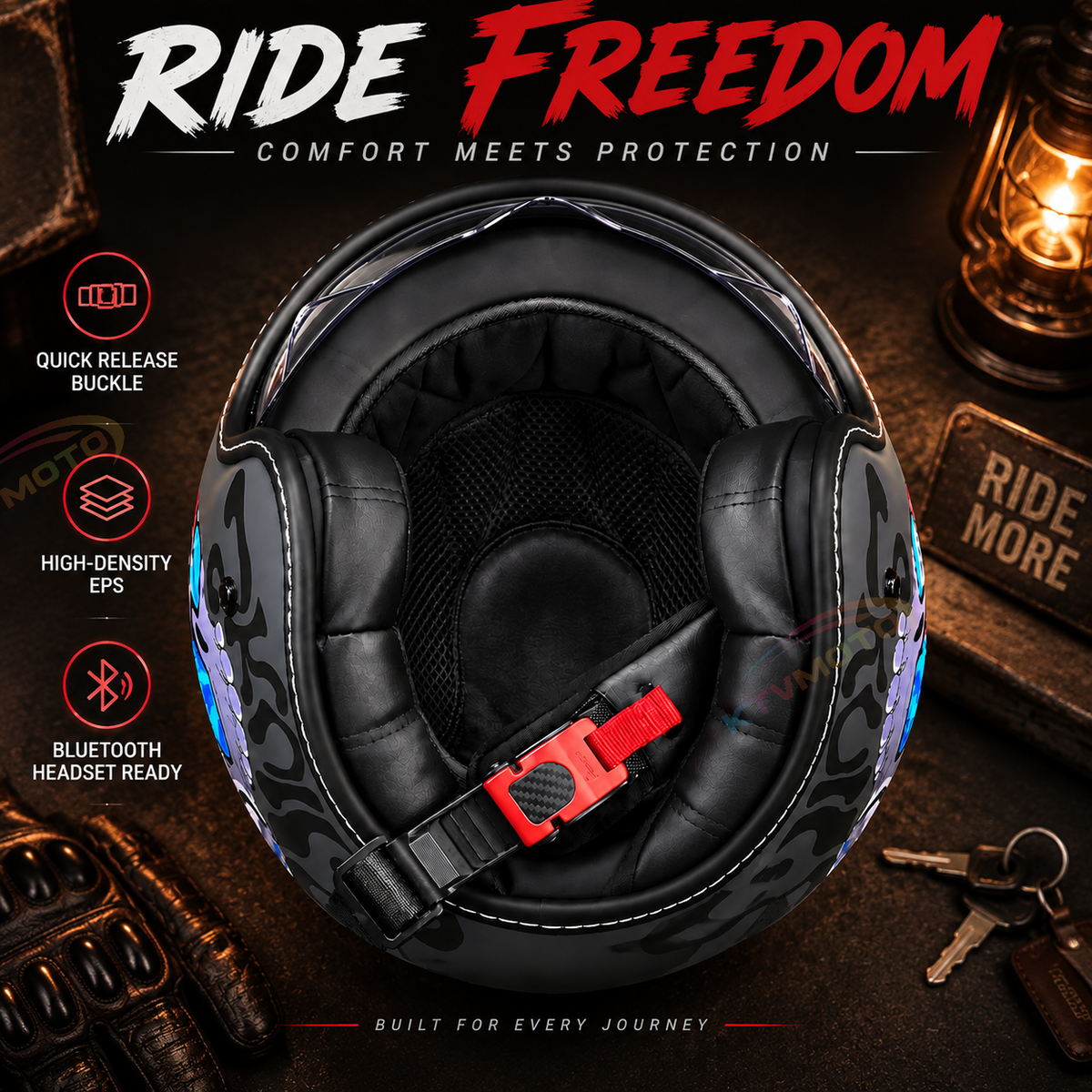 KTVMOTO Retro-style open-face motorcycle helmet with built-in visor-I22