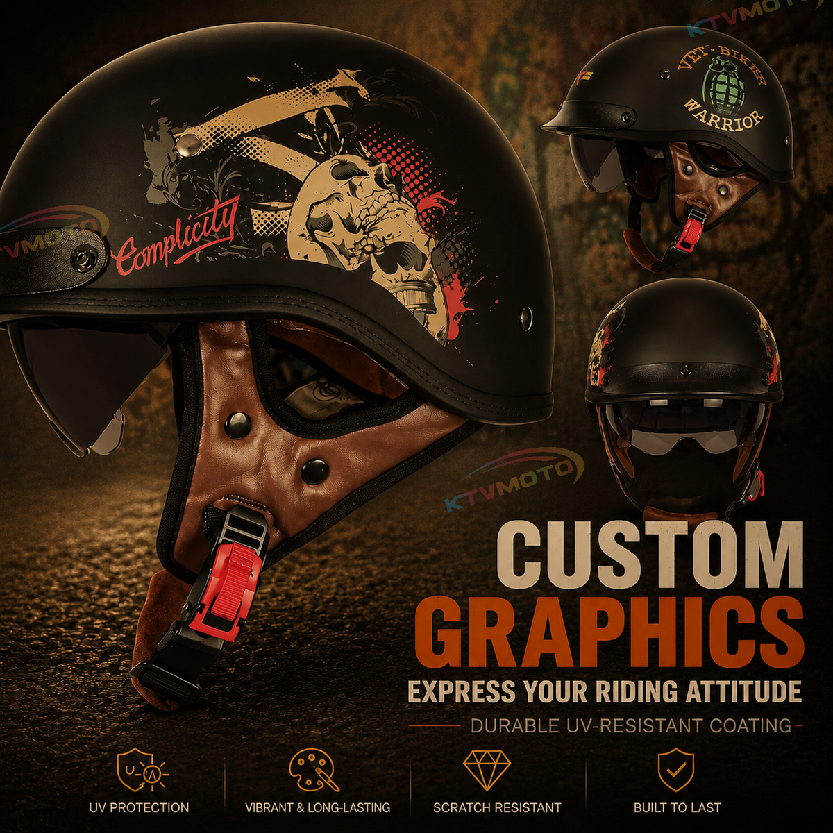 KTVMOTO Retro-style cruiser motorcycle half helmet-I13