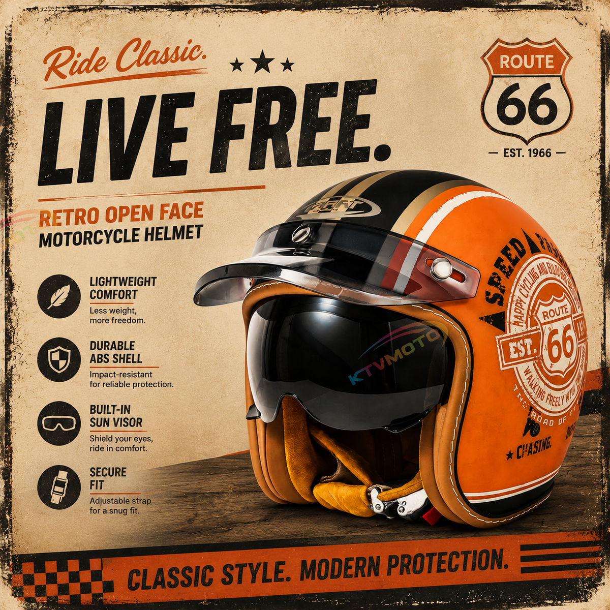 KTVMOTO Retro Half Helmet with Visor, Vintage Motorcycle Helmet- I30