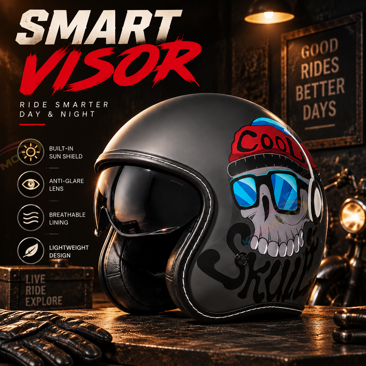 KTVMOTO Retro-style open-face motorcycle helmet with built-in visor-I22