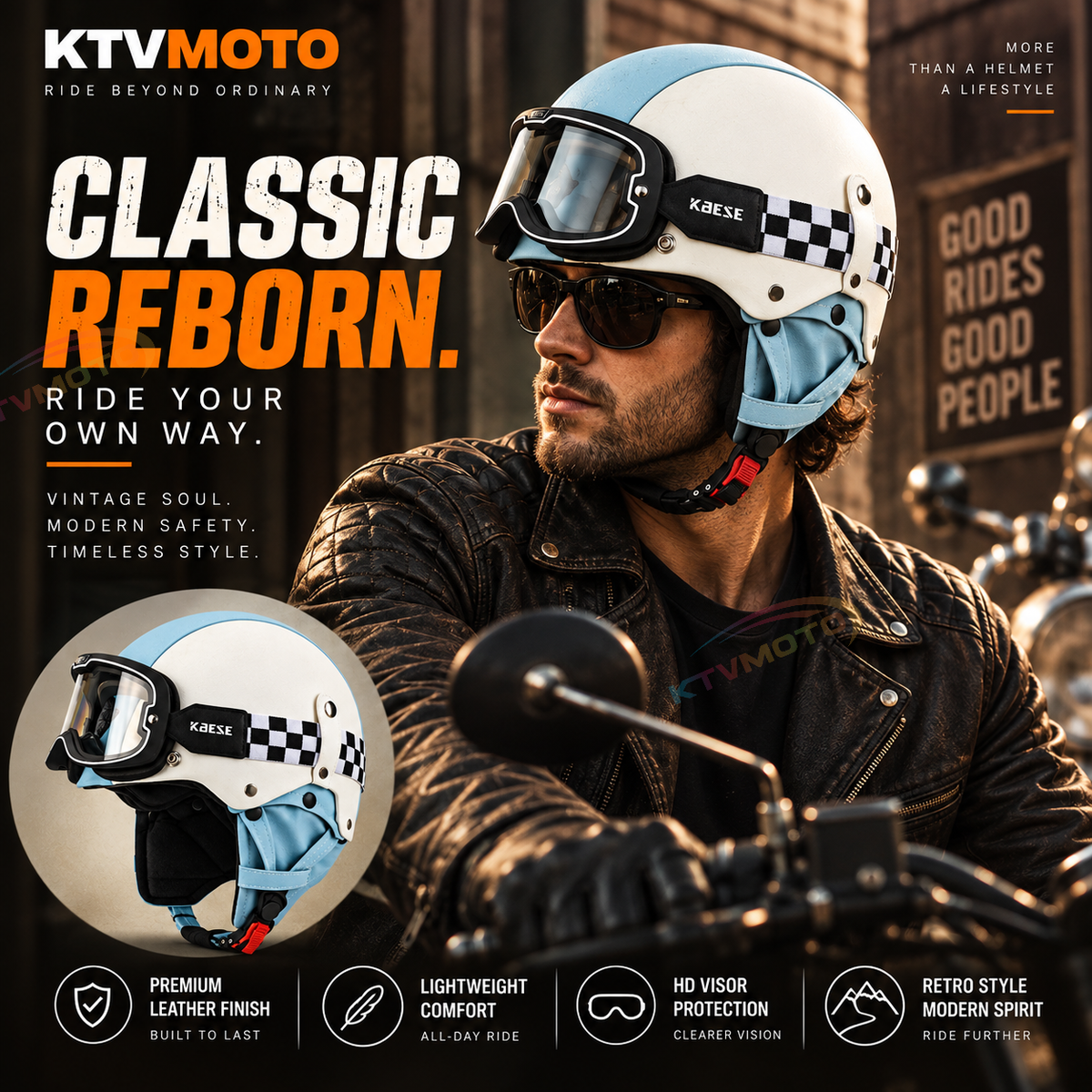 Retro open-face motorcycle helmet with goggles-I103
