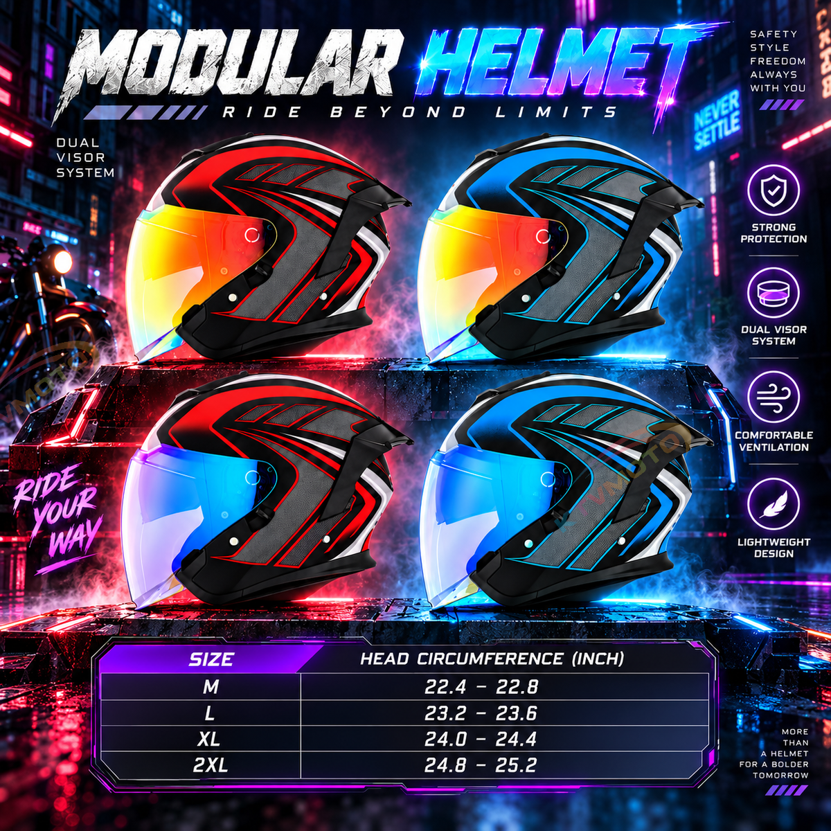 Dual-Visor Motorcycle Cruiser Helmet – Suitable for All Seasons-I294