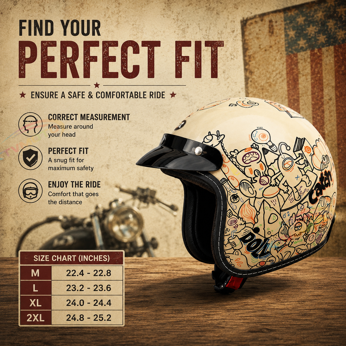 KTVMOTO Retro Open Face Motorcycle Helmet – Vintage Graphic Style-I21