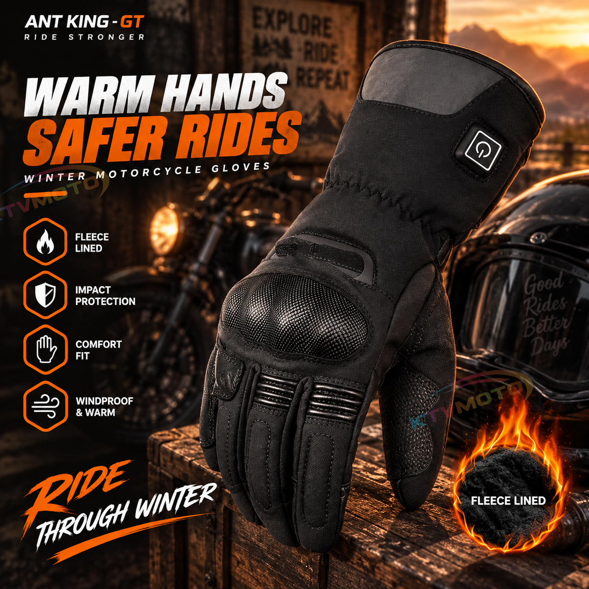 KTVMOTO Heated Genuine Leather Motorcycle Gloves with Hard Protective Cover - G26