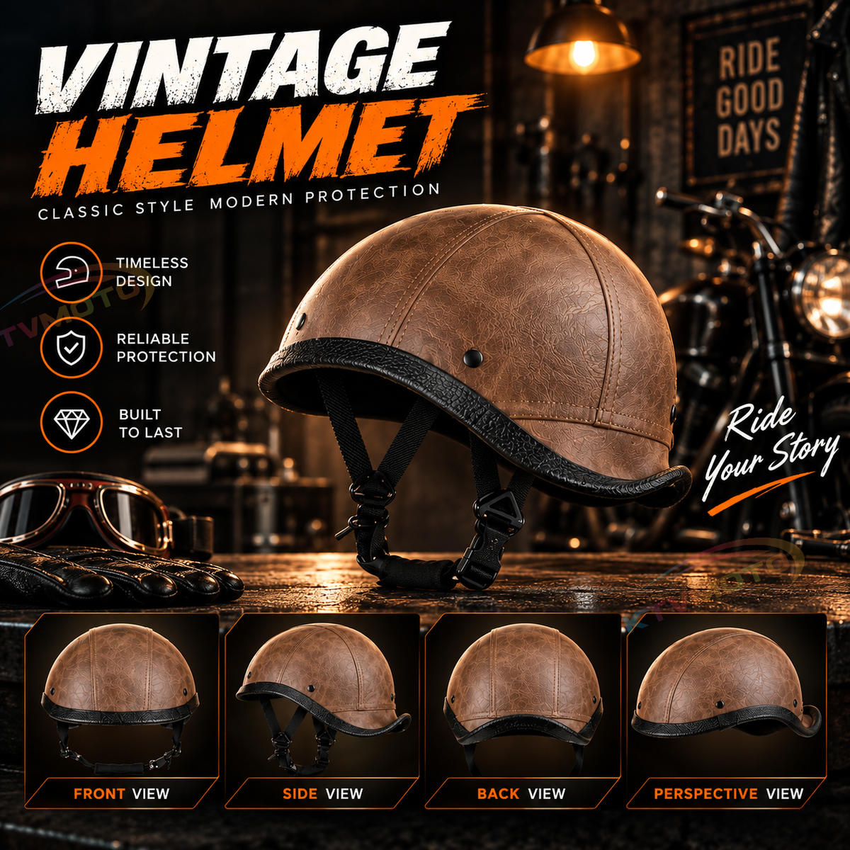 Retro leather baseball cap style cruiser helmet-I49