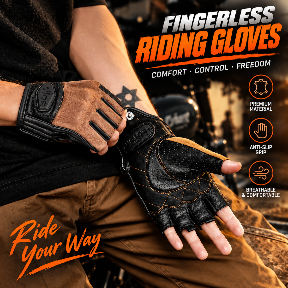 KTVMOTO Retro genuine leather half-finger motorcycle gloves-G39