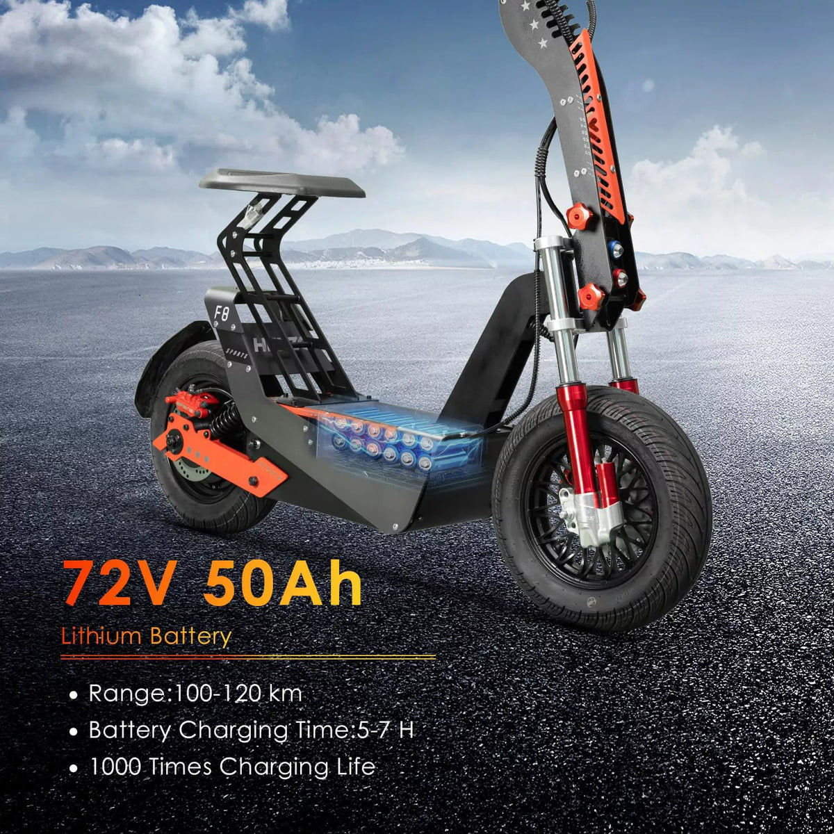 8000W electric scooter, 65 miles of range,Up to 75MPH -F8