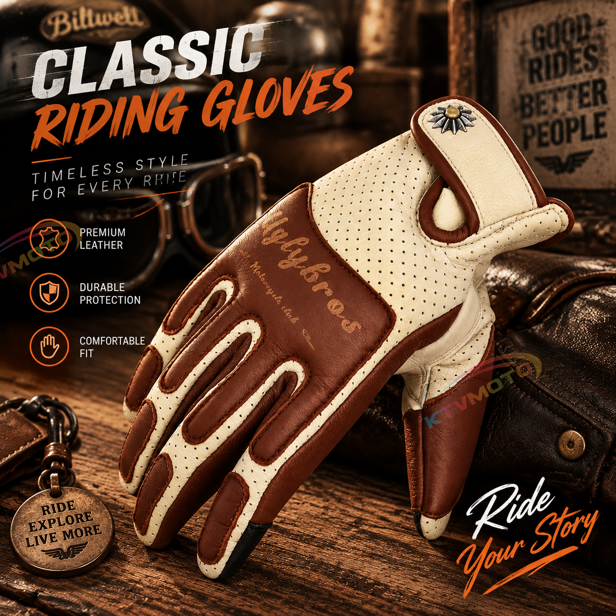 KTVMOTO Vintage genuine leather motorcycle gloves-G35
