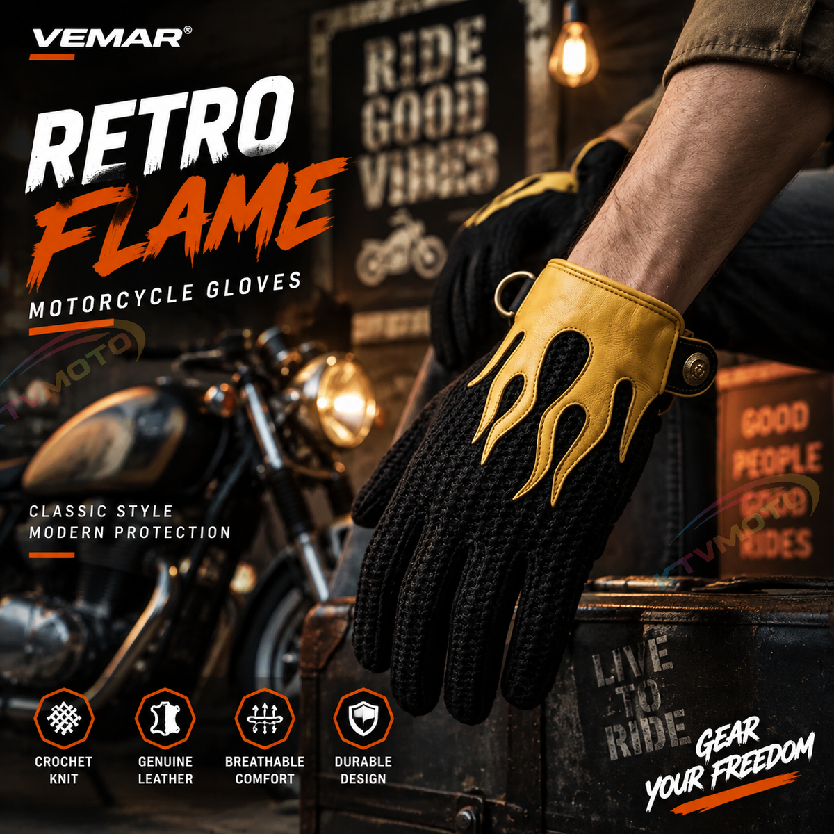 KTVMOTO Retro Flame Motorcycle Touchscreen Gloves-G68