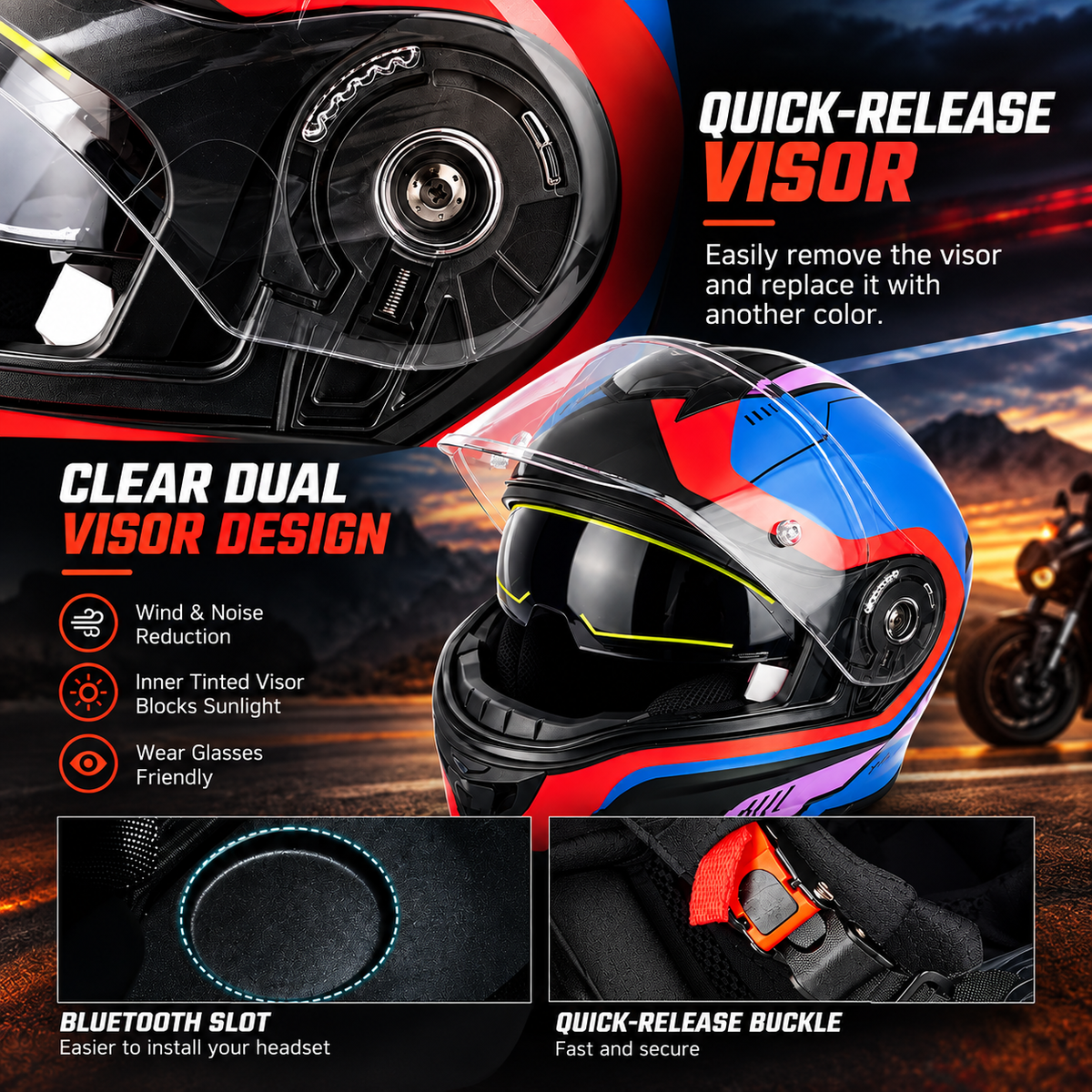 Big-Size Racing-Grade Modular Flip-Up Motorcycle Helmet with Dual-Visor Design - I288