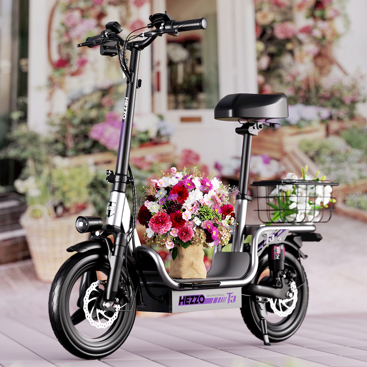 48V 15Ah Electric Scooter with Seat and Basket - T3