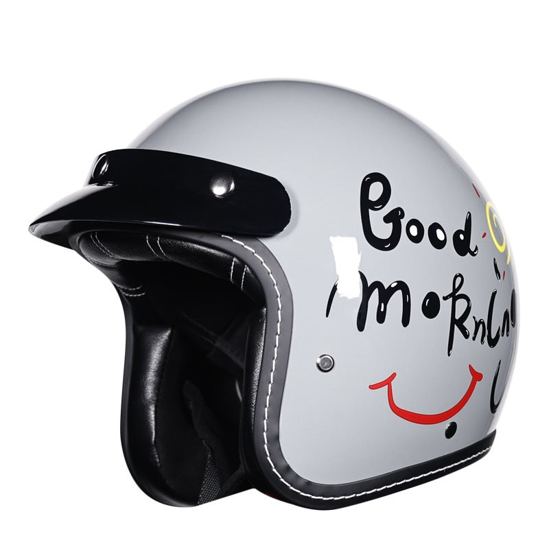 KTVMOTO Retro Open Face Motorcycle Helmet with Sun Visor & Graphic Design-I240