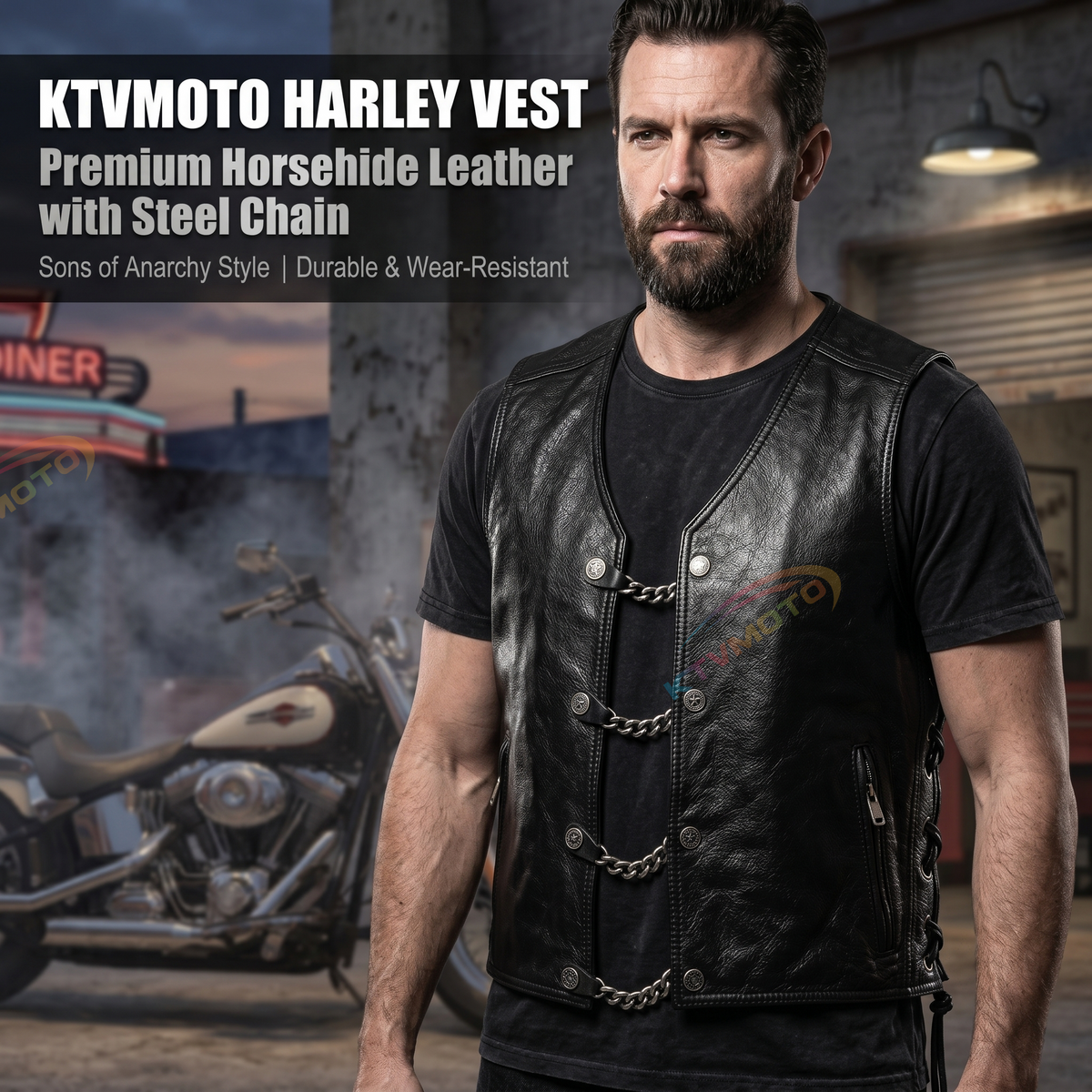 Harley vest steel chain genuine leather vest-A34
