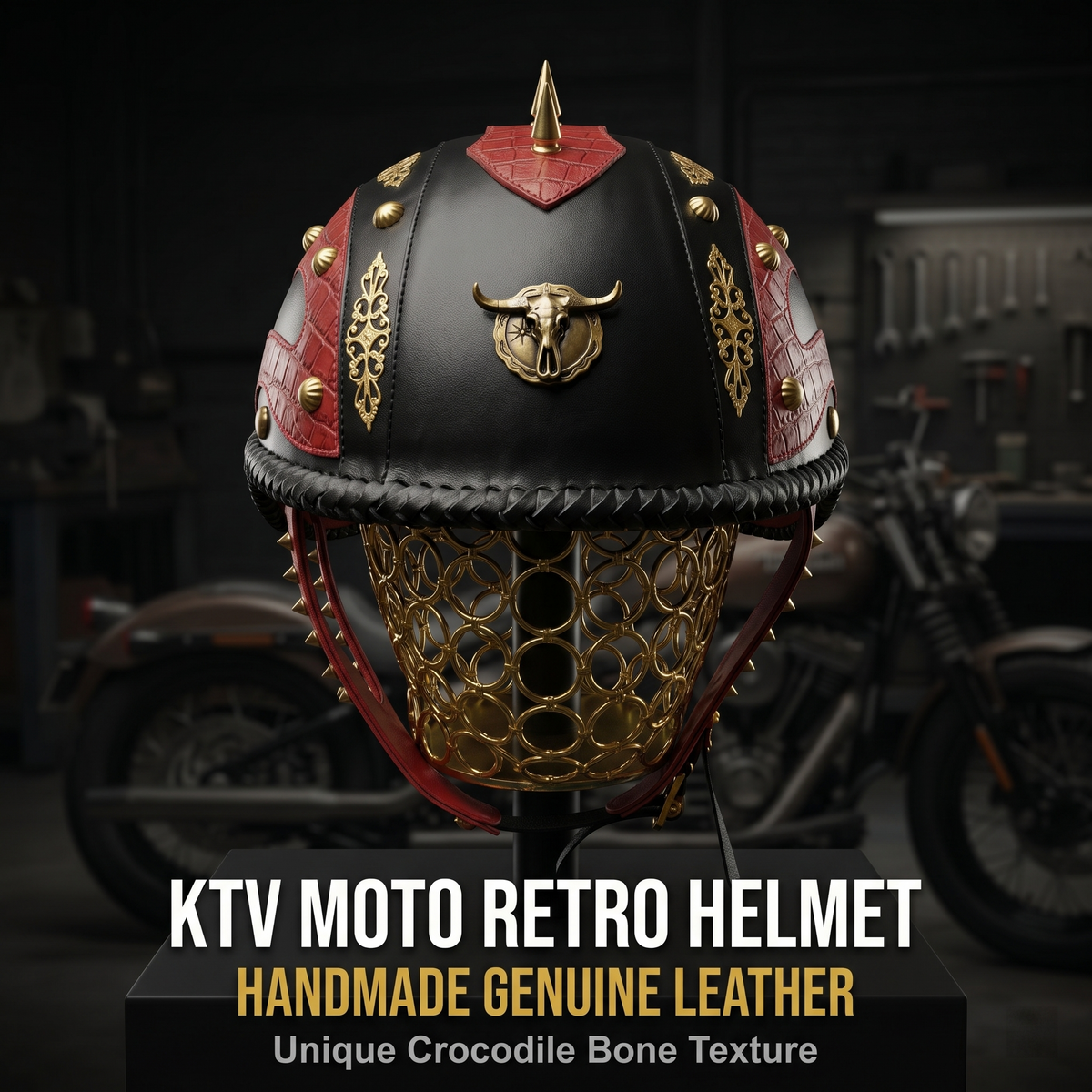 Punk studded motorcycle helmet leather cap-I130