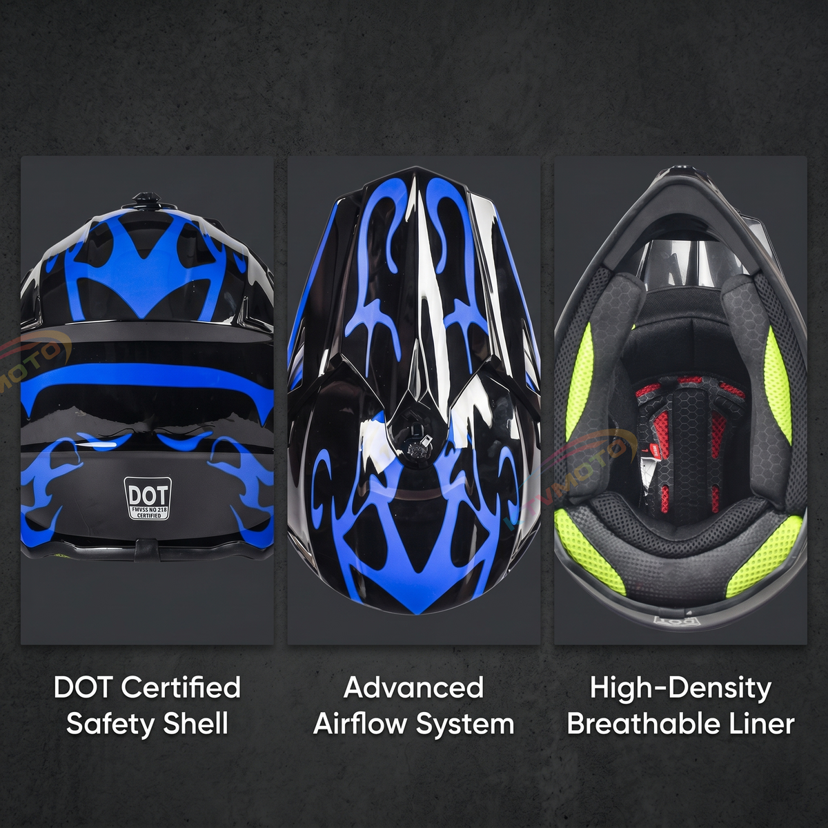 Blue Flame Off-Road Motorcycle Helmet — DOT Certified-I86
