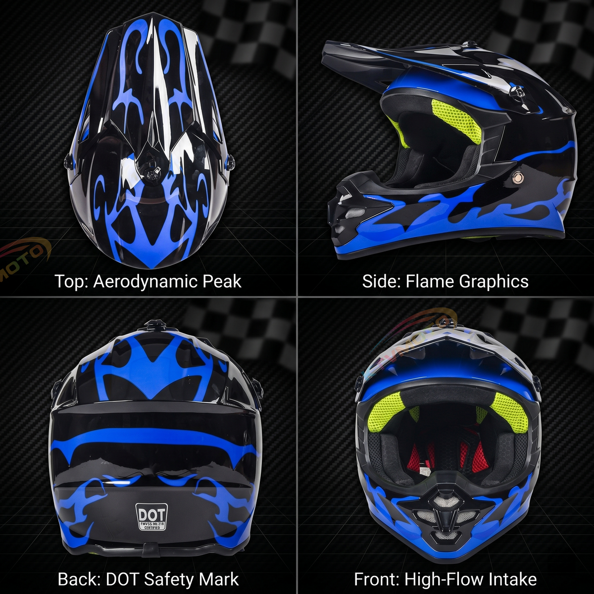 Blue Flame Off-Road Motorcycle Helmet — DOT Certified-I86