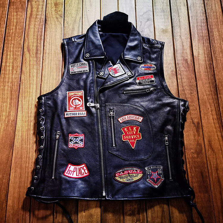Harley vest embroidered lapel cowhide vest-A26