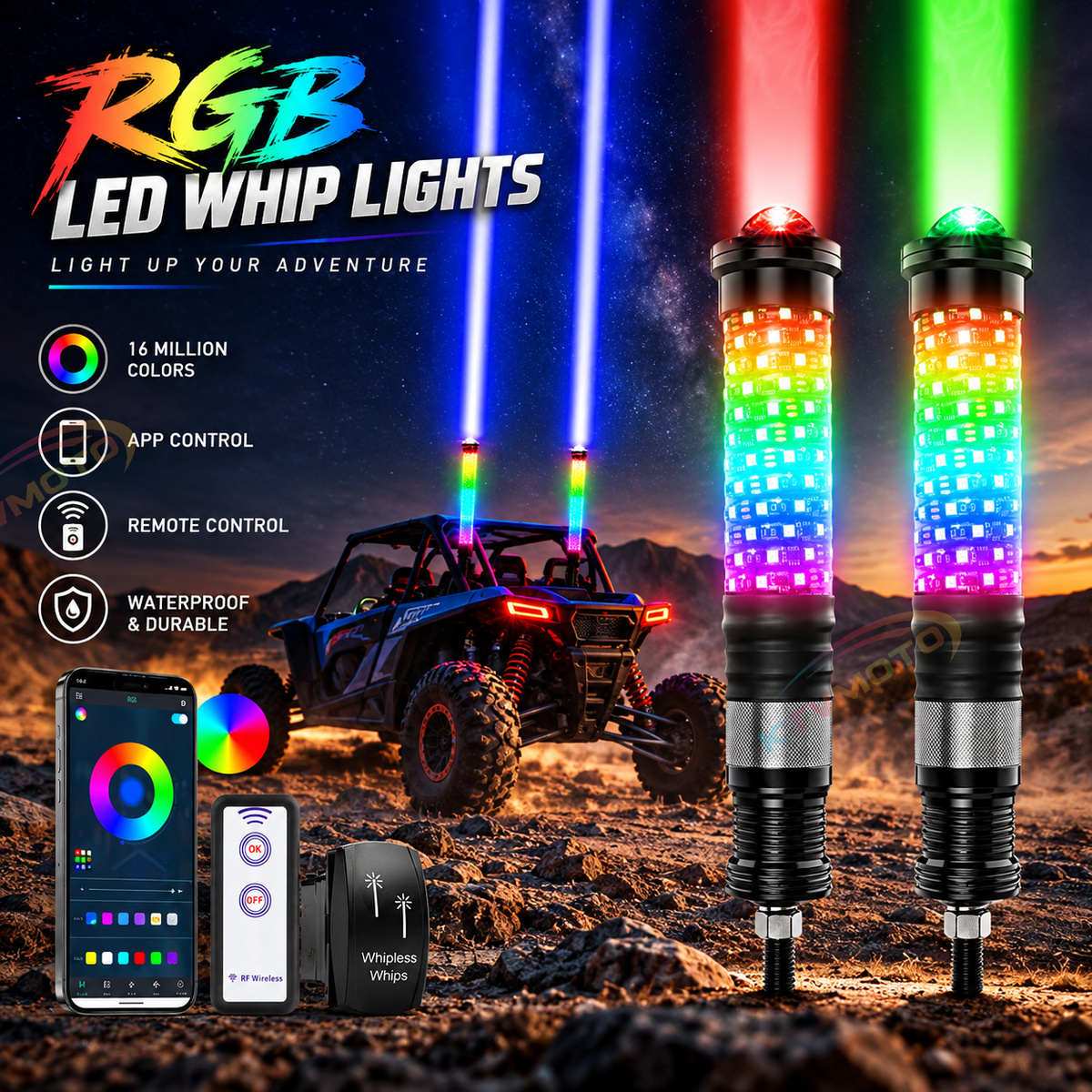 KTVMOTO 2-Pack LED Whip Lights with App & Wireless Remote-D26