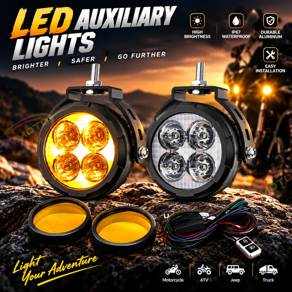 KTVMOTO Round LED Driving Lights with Amber Covers & Wiring Kit-D32
