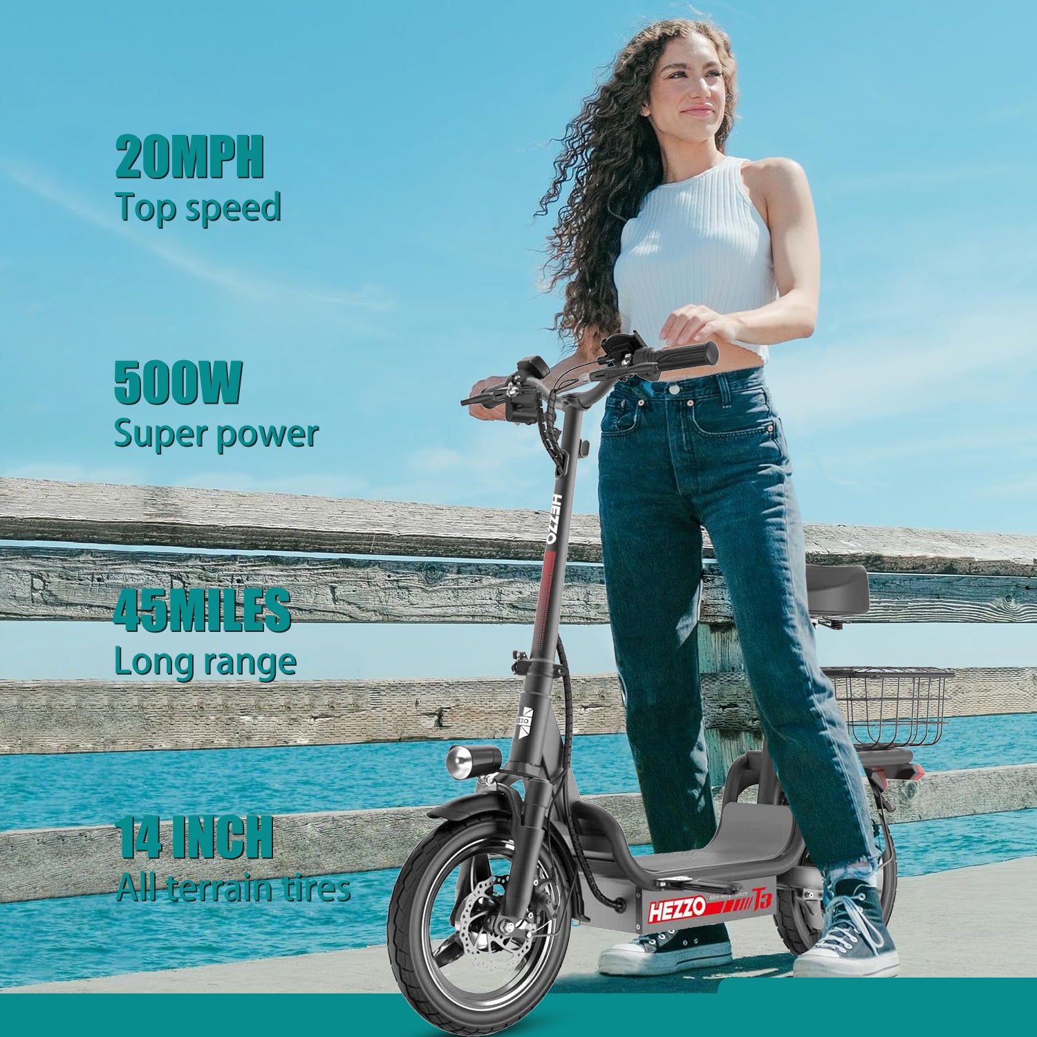 48V 15Ah Electric Scooter with Seat and Basket - T3