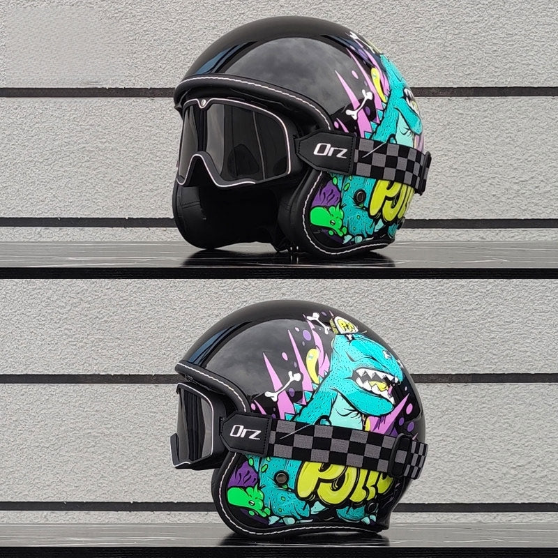 KTVMOTO Retro-style open-face motorcycle helmet with built-in visor-I22
