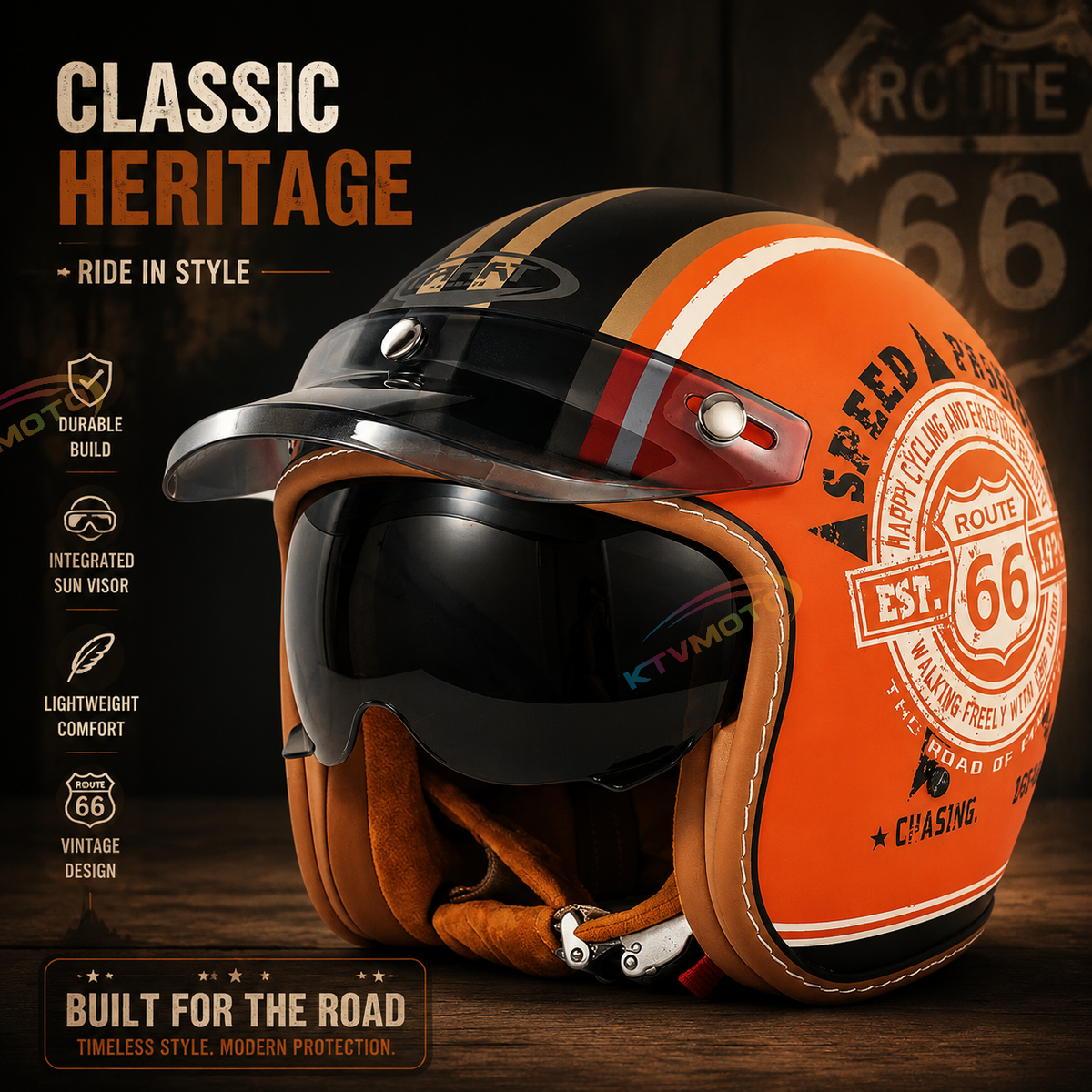 KTVMOTO Retro Half Helmet with Visor, Vintage Motorcycle Helmet- I30