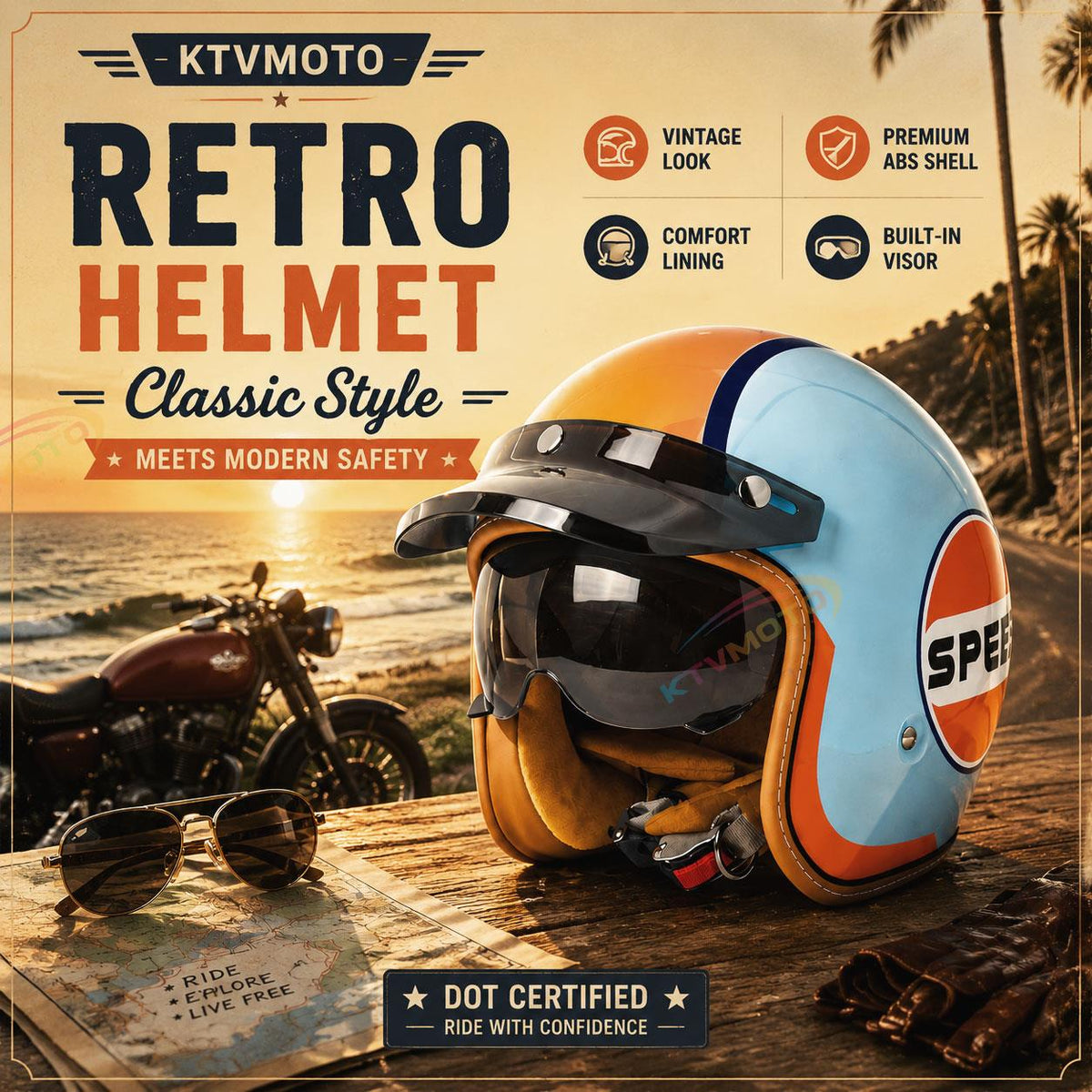 Retro open-face motorcycle helmet with sun visor-I32