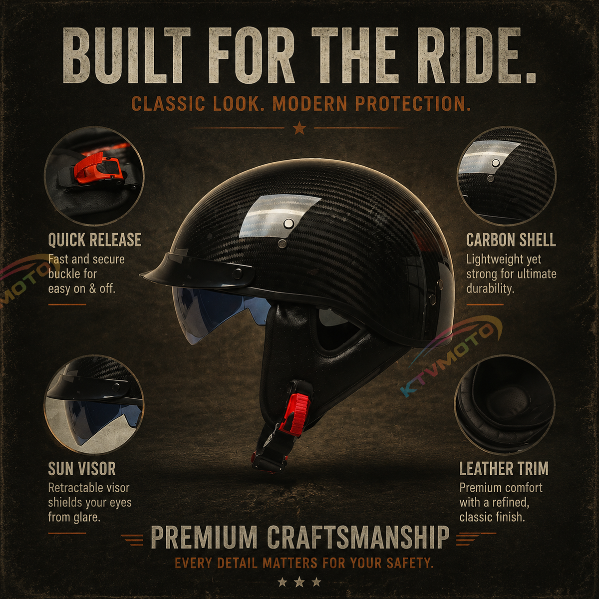KTVMOTO Half-helmet with retro carbon fiber texture and retractable sun visor-I136