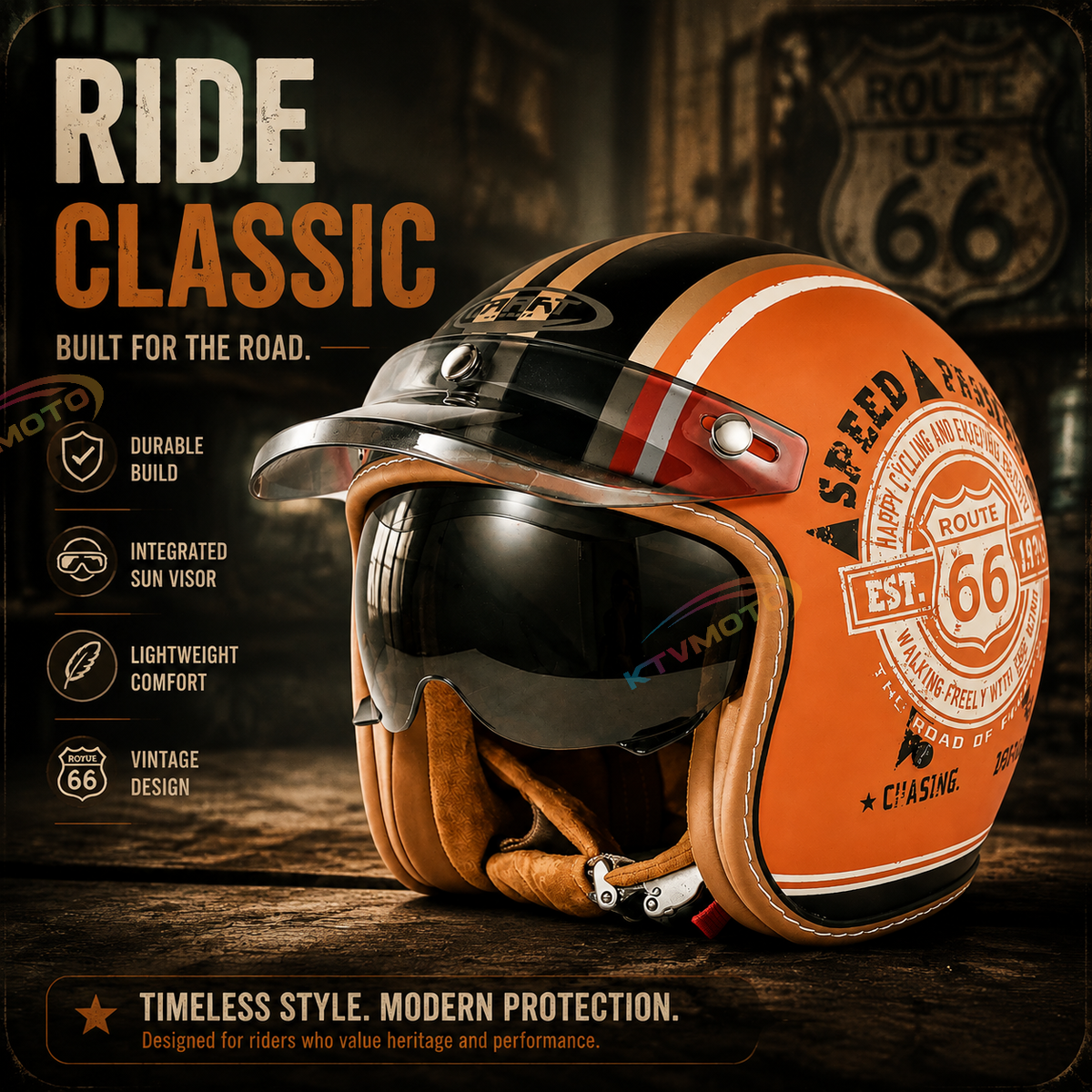 KTVMOTO Retro Half Helmet with Visor, Vintage Motorcycle Helmet- I30