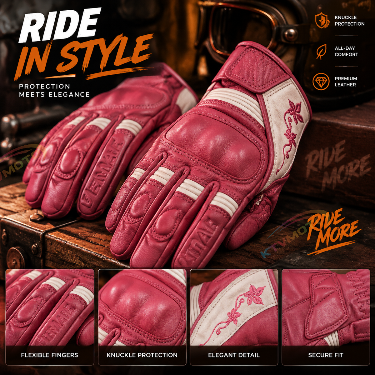 KTVMOTO Women's Retro Motorcycle Touchscreen Leather Gloves-G31