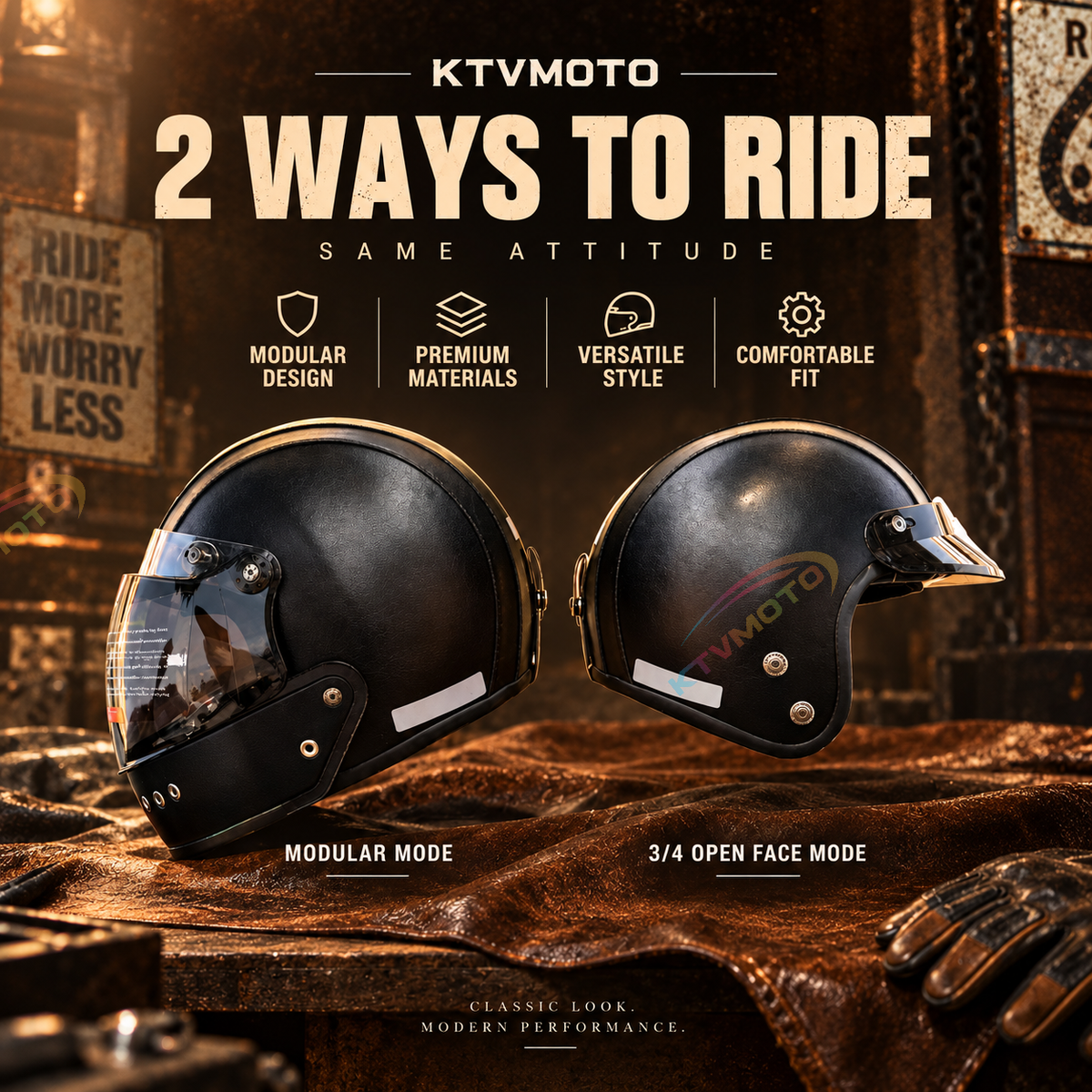 Retro-style leather-finish multi-functional modular motorcycle helmet-I284