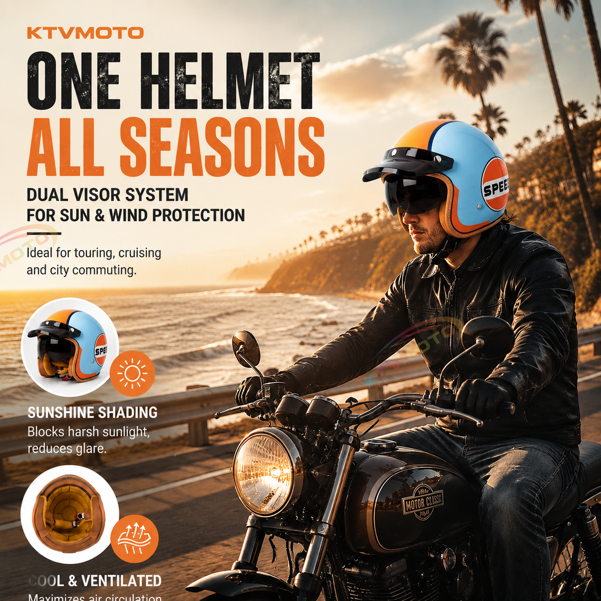 Retro open-face motorcycle helmet with sun visor-I32