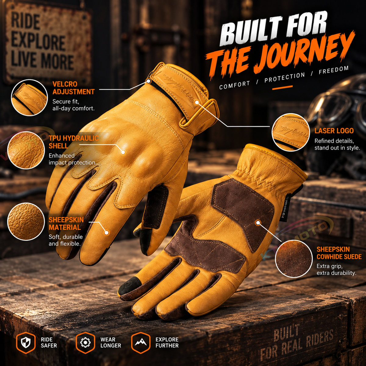 KTVMOTO Men's Genuine Leather Retro Motorcycle Gloves - G33
