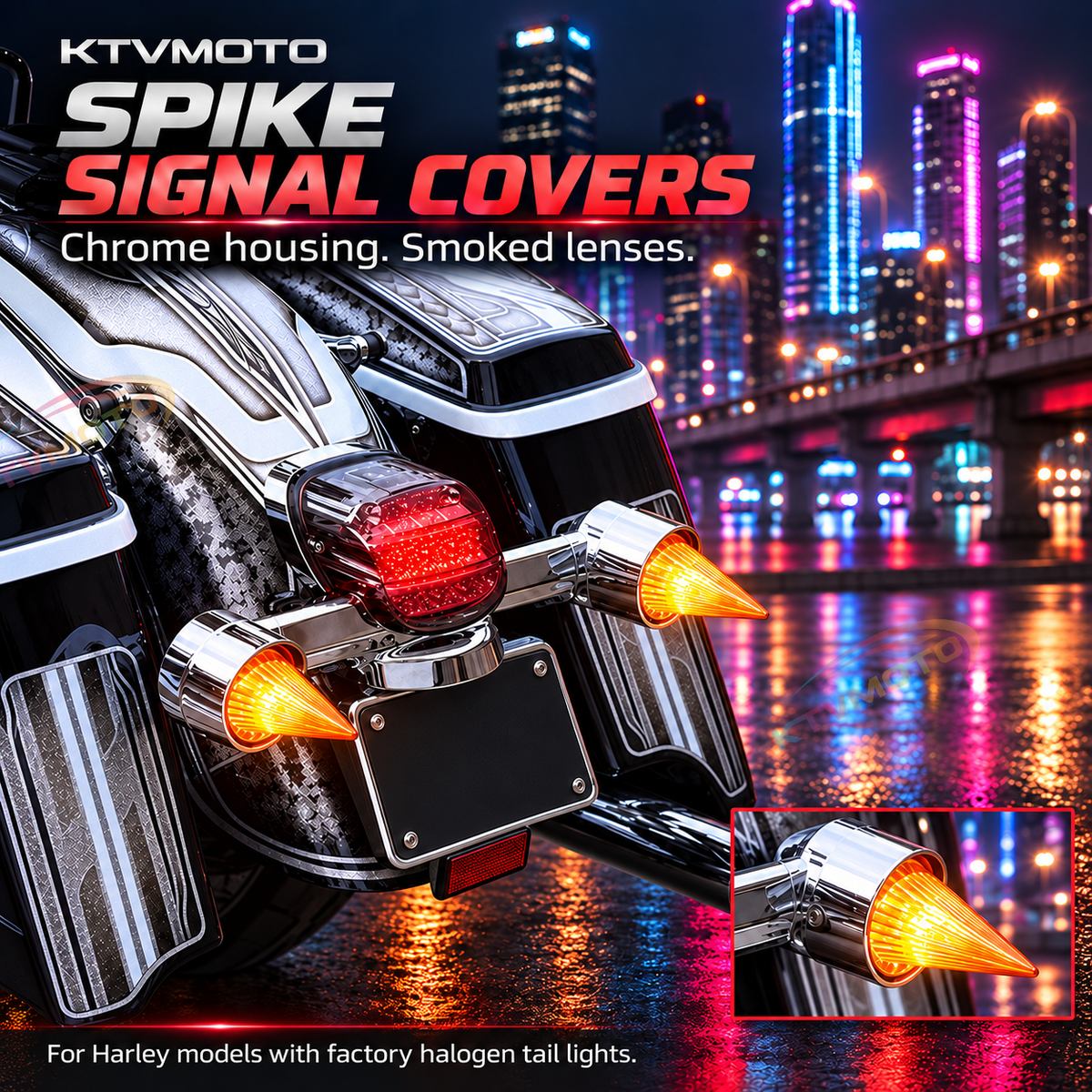 KTVMOTO Harley Rear Turn Signal Lens Covers, Rocket Spike Style -ML16